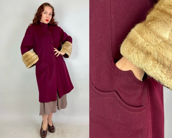1940s Cabernet Caress Coat | Vintage 40s Dark Red Wool Overcoat with Large Blonde Fur Cuffs and Strong Padded Shoulders | Medium Large