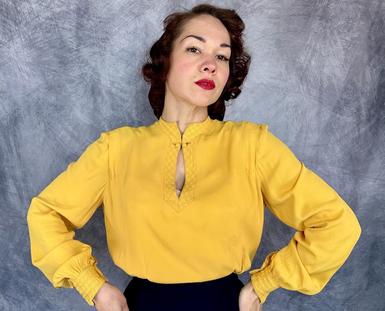 1940s The Perfect Match Blouse | Vintage 40s Yellow Rayon Crepe Poet Sleeve Button Back Shirt Top w/Diamond Check Quilting | Medium Large XL image 9