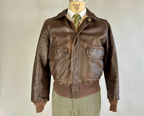 1940s Fearless Flyboy A-2 Jacket | Vintage 40s Walnut Brown Leather A2 Bomber Motorcycle Driving Coat w/Double Pockets & Knit | Small/Medium