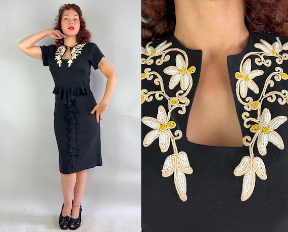 1940s Fluttering Floral Frock | Vintage 40s Black… - image 1