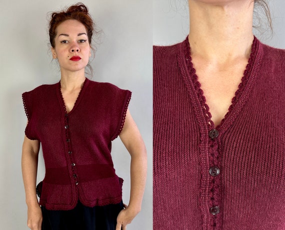 1940s “Hug Me Tite” Knit Vest | Vintage 40s Maroon Wool Nipped Waist Peplum Sleeveless Cardigan Sweater | Extra Large XL
