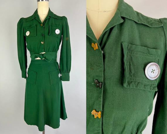 1940s Playful Petunia Dress Set | Vintage 40s Forest Green Wool Blouse and Skirt Ensemble with Bakelite & Shell Buttons | Extra Small XS