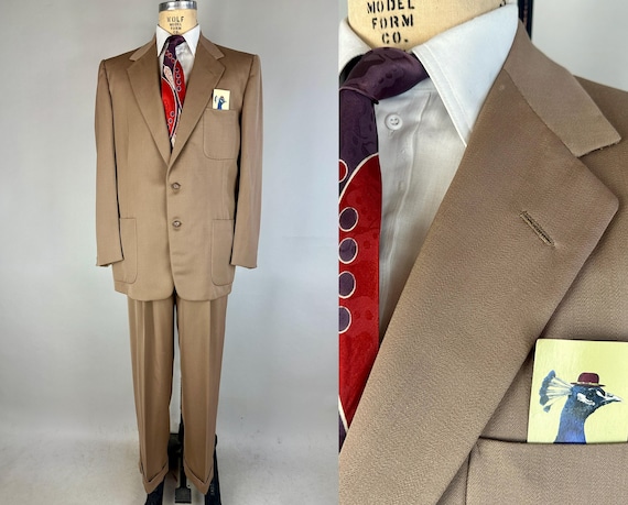 1950s Timeless and Timely Suit | Vintage 50s Sandy Beige Wool Two-Piece Jacket and Drop-Looped Trousers Set | Size 40/42 Medium/Large
