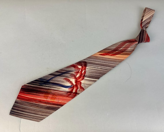 1940s Tequila Sunrise Necktie | Vintage 40s Orange Red Blue and Brown Pen Drawing Hawaiian Palm Trees Wide Self Tie Cravat by Towncraft