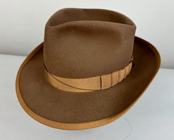 1940s Ambitious Adam Fedora | Vintage 40s Cocoa Brown Hat with Caramel Grosgrain Ribbon Band w/ Layer Pleated Detail | Size 6&3/4 6.75 Small