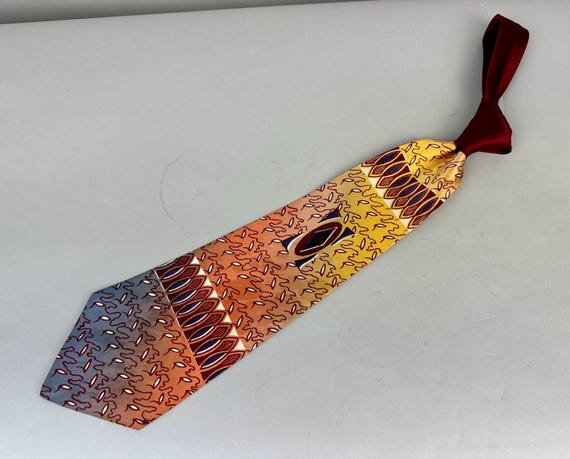 1940s Dante's Inferno Necktie | Vintage 40s Yellow Orange Red Blue and White Fire Flame Shades on Levels Rayon Self Tie Cravat