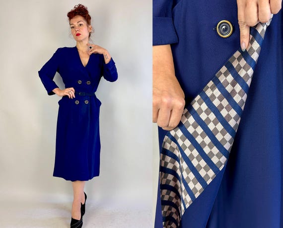 1940s Mood Indigo Frock | Vintage 40s Navy Blue Rayon Day to Night Dress with Pink and Grey Checkered Satin Peek a Boo Flash | Medium