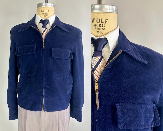1950s Ready to Rock Ricky Jacket | Vintage 50s Royal Blue Velour Rockabilly Zip Front Coat with Flapped Patch Pockets | Size 40 Medium