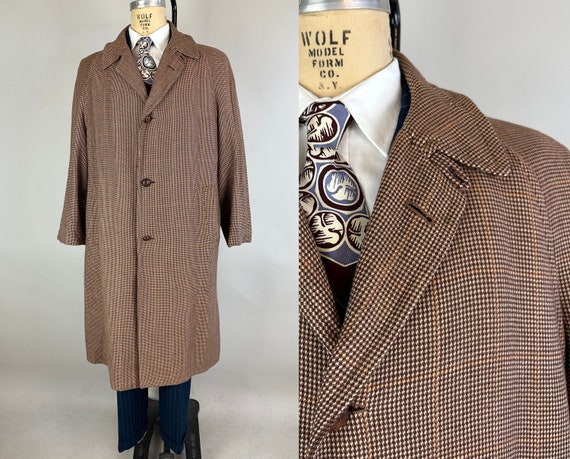 1950s Fancy Fall Overcoat | Vintage 50s Brown Black Orange and White Windowpane Plaid Wool Coat with Leather Buttons | Large Extra Large XL