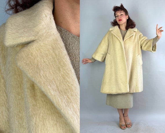 1950s Lovely "Lilli Ann" Coat | Vintage 50s Swing Overcoat in Cream White Wool Mohair with Rainbow Stripe Lining and Pockets | Medium Large