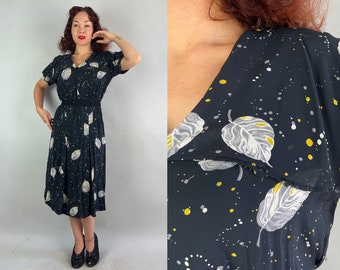 1940s Starry Night Dress | Vintage 40s Black Rayon Chiffon Frock with Capelet and Speckles & Feathers Novelty Print | Large Extra Large XL