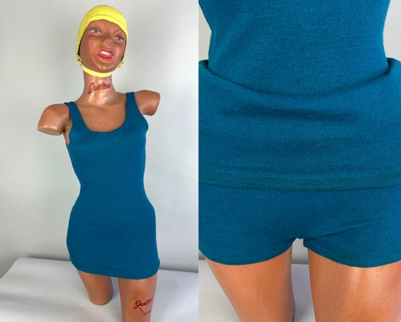 1930s Tantalizing Teal Swimsuit | Vintage 30s Blue Wool Art Deco One-Piece Bathing Suit w/Low Back and Patent Date! | Small Extra Small XS