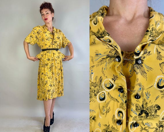 1940s Peacock Perfection Dress | Vintage 40s Yellow Black Blue & White Feather Frond Rayon Crepe Frock w/ Rhinestone Chains | Extra Large XL