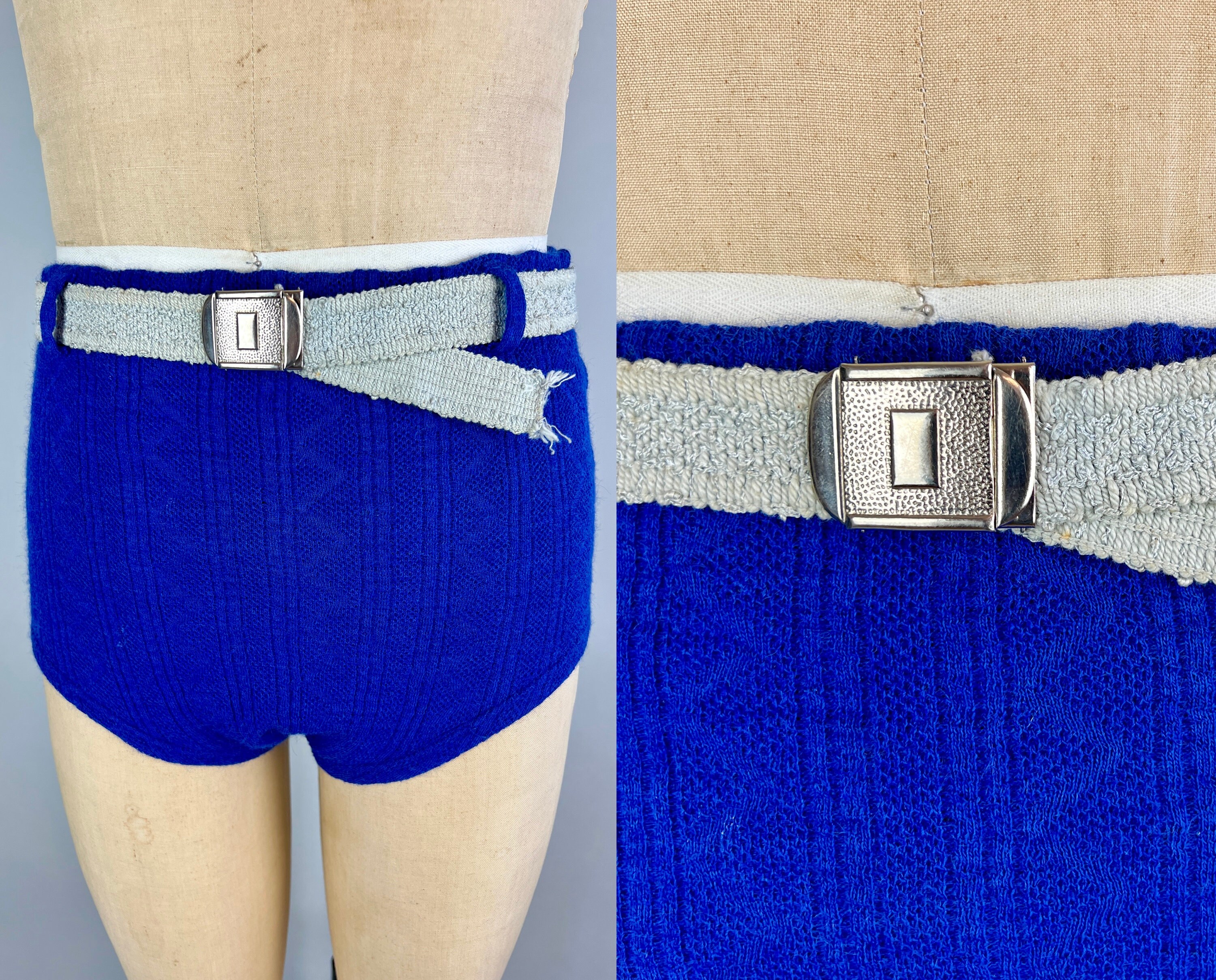 1930s Boardwalk Beefcake Swim Trunks Vintage 30s Blue Zig Zag Wool Knit Bathing Suit Swimwear