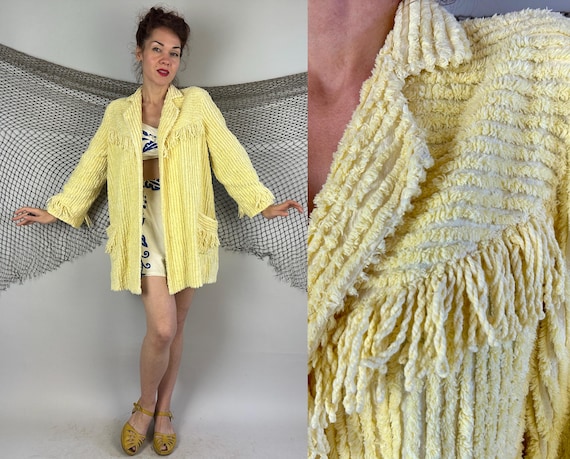 1940s Bask In The Beach Breeze Coverup | Vintage 40s Yellow Cotton Fuzzy Chenille Stripe Poolside Jacket with Patch Pocket and Fringe