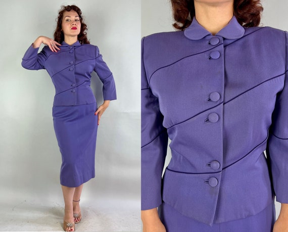 1950s Regal in Lilli Ann Suit | Vintage 50s Lavender Purple Wool Gabardine with Royal Plum Piping Diagonal Stripes Jacket and Skirt | Medium