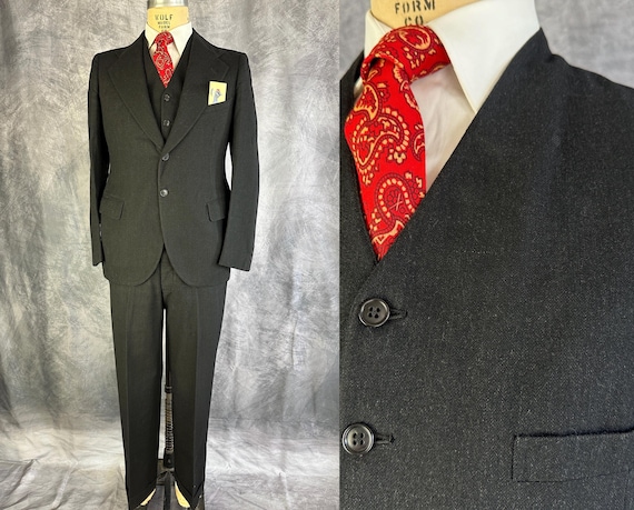 1920s Market Crasher Charcoal Black Suit | Vintage Late 20s Three-Piece Wool Jacket Blazer Vest Pants Trousers Set | Size 38/40 Medium