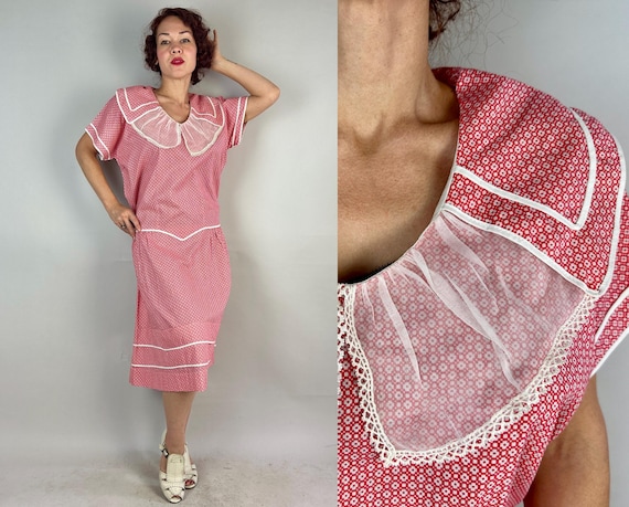 1920s Deco Daisies Dress | Vintage 20s Red and White Geometric Flower Print Cotton Day Frock w/Voile Ruff Collar and Piping | Extra Large XL
