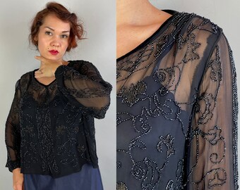 1920s Bedazzling Beaded Blouse | Vintage 20s Black Silk Chiffon Sheer Top with Vining Jet Seed Beads & Bronze Thread | Extra Large XL Large