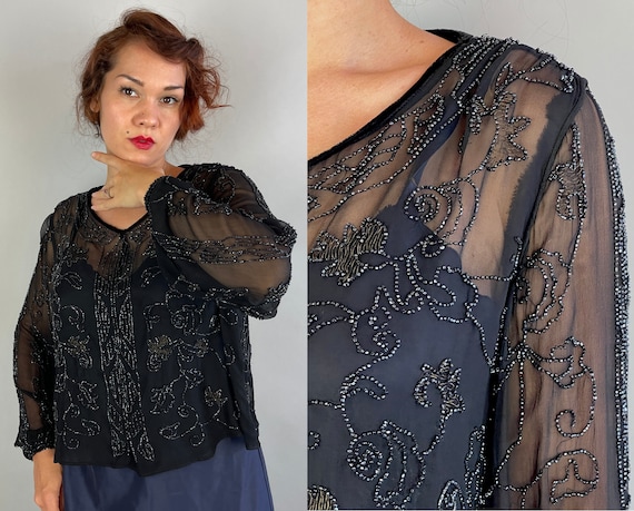 1920s Bedazzling Beaded Blouse | Vintage 20s Black Silk Chiffon Sheer Top with Vining Jet Seed Beads & Bronze Thread | Extra Large XL Large