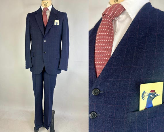 1930s Dazzling Dan Suit | Vintage 30s Blue with Pink Windowpane Three Piece Wool Single Breasted Jacket Vest and Trousers | Size 38 Medium