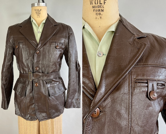 1930s Sportster Leather Jacket | Vintage 30s Brown Townsman Motorcycle Coat with Belted Back and Caramel Deco Buttons | Medium/Large
