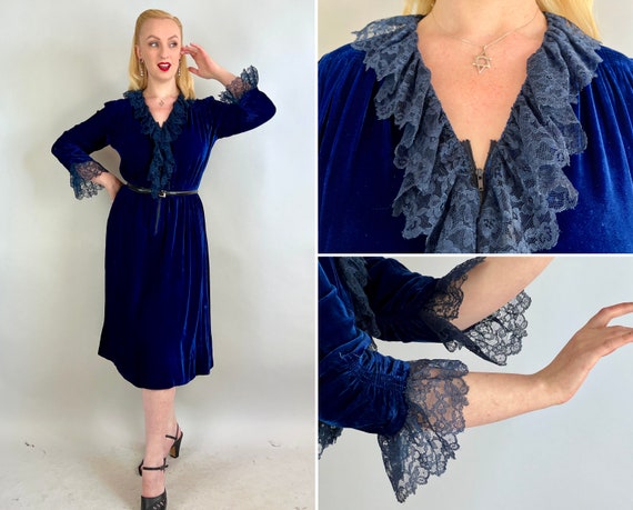 1930s Astonishing Azure Dress | Vintage 30s Deep Blue Velvet Frock with Black Lace Trim Ruff and Metal Zipper Front | Large/Extra Large XL