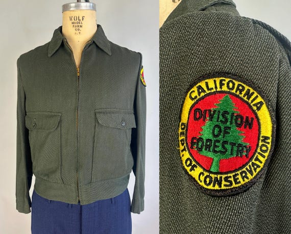 1940s Reliable Ranger Jacket | Vintage 40s Pine Green Wool Whipcord Coat w/ Action Back Flap Patch Pockets and Forestry Patch | Small Medium