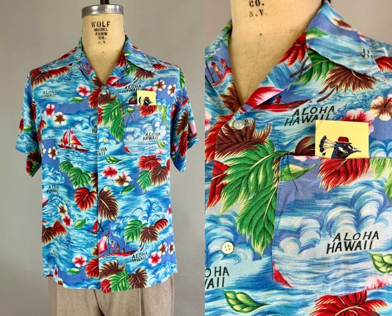 1950s Say Hello to Hawaii Shirt | Vintage 50s Tropical Scenery Rayon Hawaiian Tiki Button Up Shirt in Blue Red Green and Brown | Medium