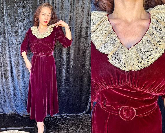 1930s Plush Plum Dandy Dress | Vintage 30s Red Silk Velvet Frock w/Ecru Lace Ruffle Collar Belt and Puff Sleeves | Large Extra Large XL