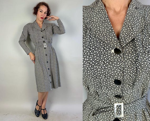 1930s Tumbling Ticker Tape Dress | Vintage 30s Black and White Confettit Print Cotton Button Up Frock w/Shell Buckle Belt | Extra Large XL