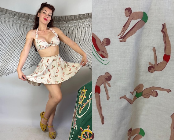 1940s "Do The Swim" Play Set | Vintage 40s Khaki Cotton Swimmer Novelty Print 2 Piece Playsuit Sun Top & Flared Mini Skirt | Extra Small XS