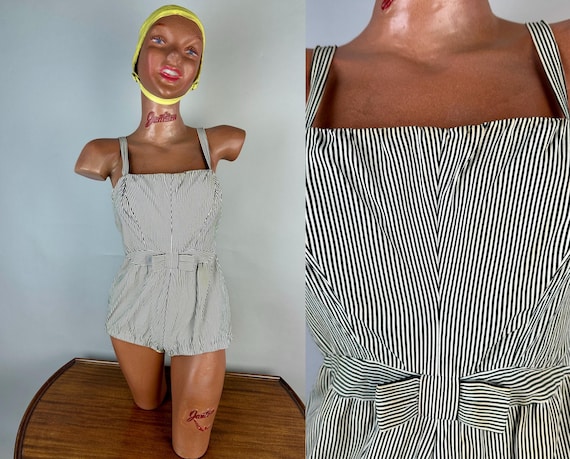 1950s Barbie Babe Swimsuit | Vintage 50s Black and White Striped One Piece Bathing Suit with Cinched Bow Waist | XS Extra Small, Small