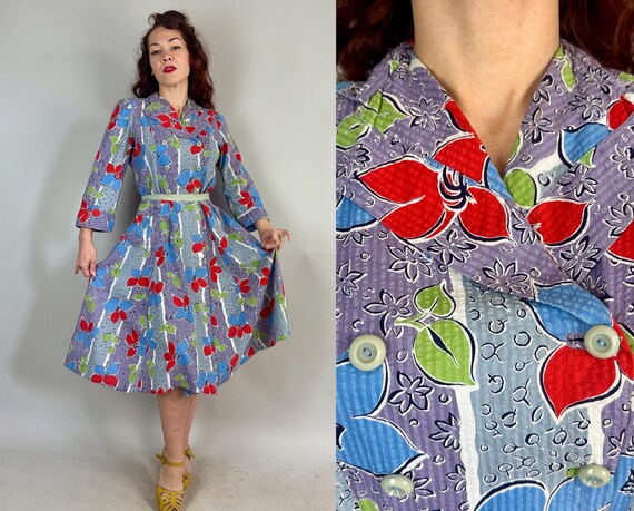 1940s Standout in Seersucker Hostess Dress | Vintage 40s Purple Blue Red & Green Floral Cotton Double Breasted Wrap Dressing Gown | Large XL
