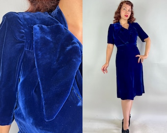 1940s Sumptuous Sapphire Dress | Vintage Early 40s Jewel Blue Rayon Velvet Cocktail Frock with Padded Shoulders and Drapey Neckline | Small