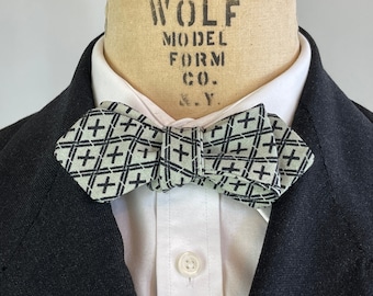 1930s Style Double Plus Good Bowtie | Black Tic-Tac-Toe on Dove Grey Linen Filled w/ Positivity Adjustable Batwing Diamond Tip Self Bow Tie