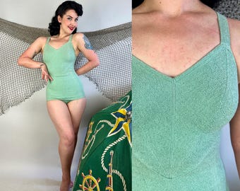 1950s Minted Million Dollar Mermaid Swimsuit | Vintage 50s Green Wavy Texture Bathing Suit with Heart Shaped Bodice | Small Extra Small XS