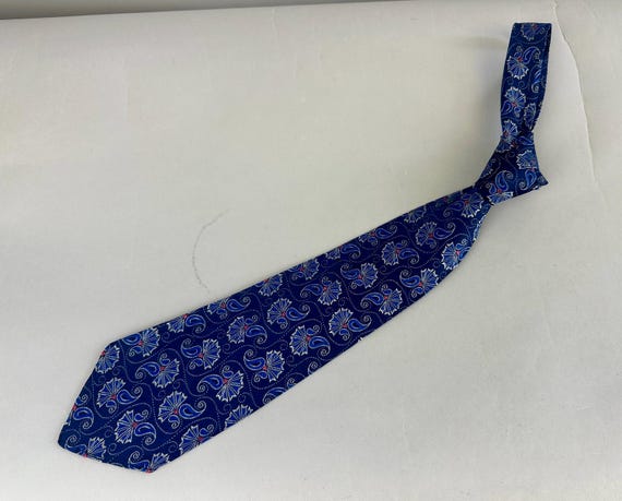 1930s Shells and Swirls Necktie | Vintage 30s "Hollyvogue" Blue Silk Brocade with Pink and Silver Swirled Seashells and Paisley Self Tie