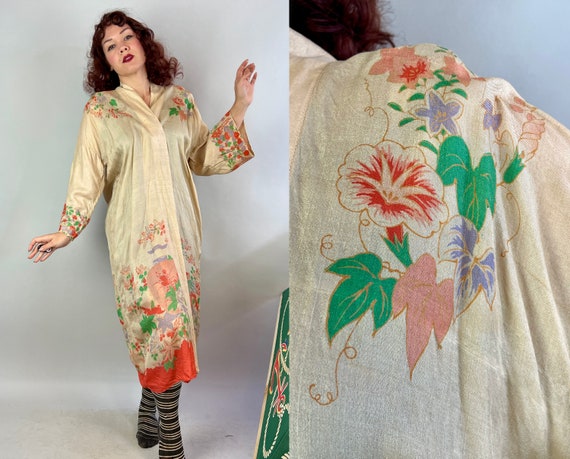 1920s Lazy Lounge Day Robe | Vintage 20s Japanese Pongee Silk Coverup Dressing Gown Beige Green Coral & Purple Floral | Small Medium Large