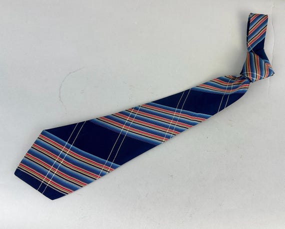 1940s Splendid in Stripes Necktie | Vintage 40s Navy Blue Rayon Self Tie with a Rainbow of Bias Stripes and White Contrasting Pinstripes