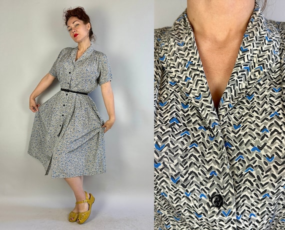 1940s Romantic Rendezvous Dress | Vintage 40s Blue Grey Black and White Herringbone Dash Button Up Rayon Frock w/Smocking | Extra Large XL