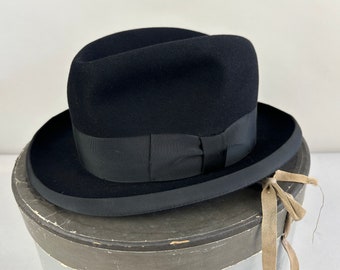 1950s "Stetson" Homburg Hat | Vintage 50s Black Fur Felt Mens Fedora w/ Grosgrain Ribbon and Original Box! | Size 7 1/2 - 7&5/8 Extra Large