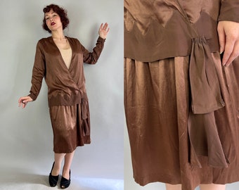 1920s Jazz Baby in Bronze Dress Ensemble | Vintage 20s Brown Silk and Beige Chiffon Under Frock and Wrap Blouse with Hip Sash | Medium Large