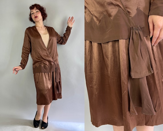 1920s Jazz Baby in Bronze Dress Ensemble | Vintage 20s Brown Silk and Beige Chiffon Under Frock and Wrap Blouse with Hip Sash | Medium Large