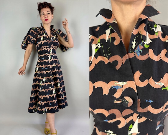 1950s Fish Festivities Frock Ensemble | Vintage 50s Halter Dress & Bolero Hawaiian Tiki Novelty Cotton in Black Green Blue + Brown | Small