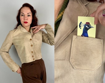 1930s Rustic Rebecca Cossack Jacket | Vintage 30s Ivory Beige Suede Cropped Coat with Patch Pocket Waist Adjusters & Caramel Buttons | Small