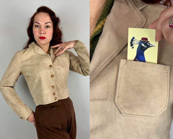 1930s Rustic Rebecca Cossack Jacket | Vintage 30s Ivory Beige Suede Cropped Coat with Patch Pocket Waist Adjusters & Caramel Buttons | Small