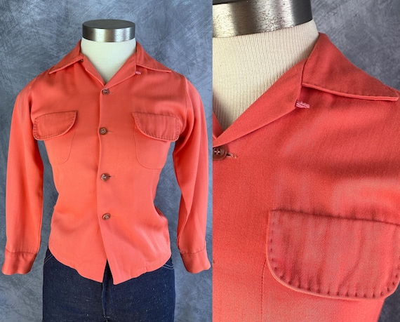 1940s Dolly's Daytime Blouse | Vintage 40s Coral Pink Rayon Gabardine Button Up Shirt with Top Stitching and Pockets | Extra Small XS