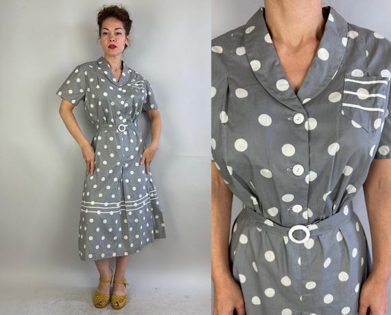 1930s Dottie's Darling Day Dress | Vintage 30s Grey and White Large Polkadot Cotton Shirtwaist Frock with Attached Belt | Extra Large XL