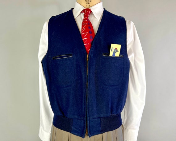 1950s Gentleman Sportsman Vest | Vintage 50s Navy Blue Wool Outdoor Adventure Vest w/Brass Zipper Front & Elastic Waistband | Extra Large XL